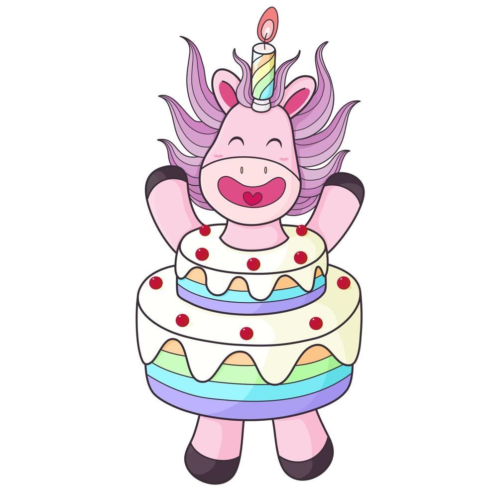 unicornios con traje de mascota de pasteles de cumpleaños vector
