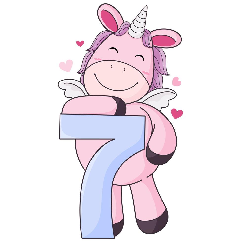 unicornio con numero 7 vector