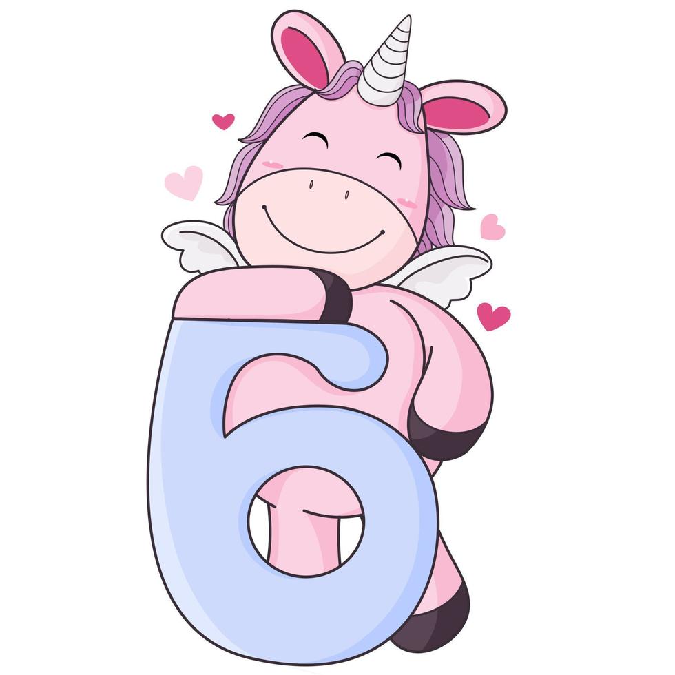 unicornio con numero 6 vector