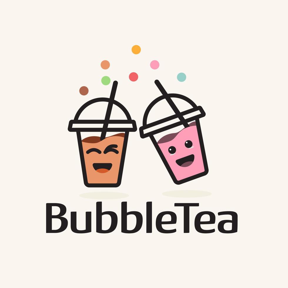 Two cute milk tea bubble cartoon characters vector. Milk tea logo design,template vector