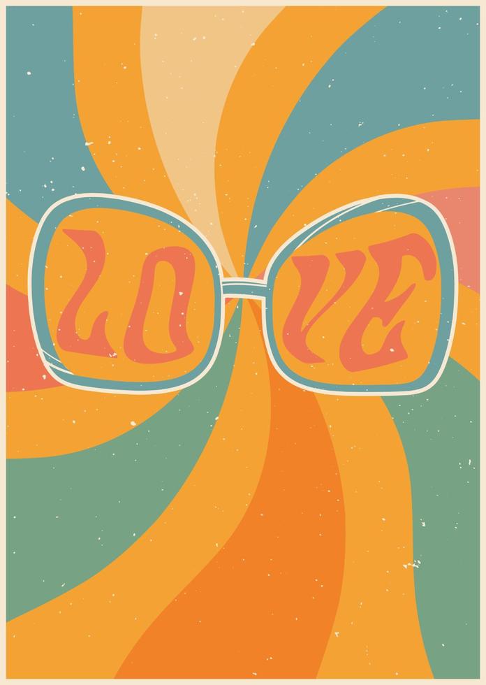 Poster in retro style with sunglasses and the inscription love. Background with rainbow rays. Psychedelic wallpaper. Colorful vector art design. 60s, 70s, hippies. Postcard set, poster design.