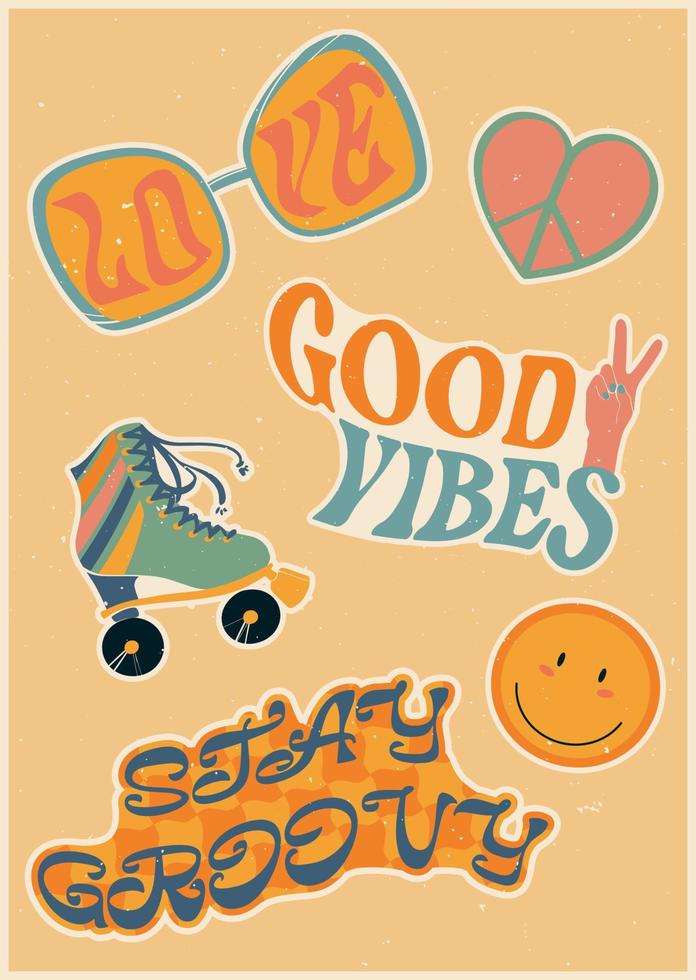 Set of stickers in retro style with lettering. Inscriptions, roller skates and sunglasses. Psychedelic wallpaper. Colorful vector art design. 60s, 70s, hippies. Postcard set, poster design.