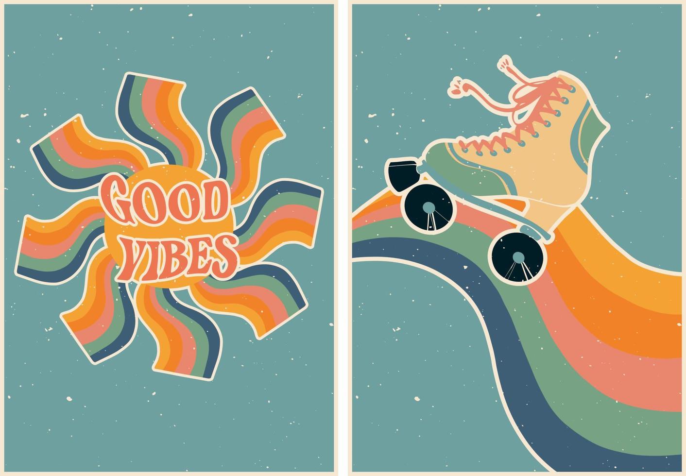 Set of posters in retro style with roller skates and a rainbow. Lettering good vibes and rainbow sun. Psychedelic wallpaper. Colorful vector art design. 60s, 70s, hippies. Postcard set, poster design.