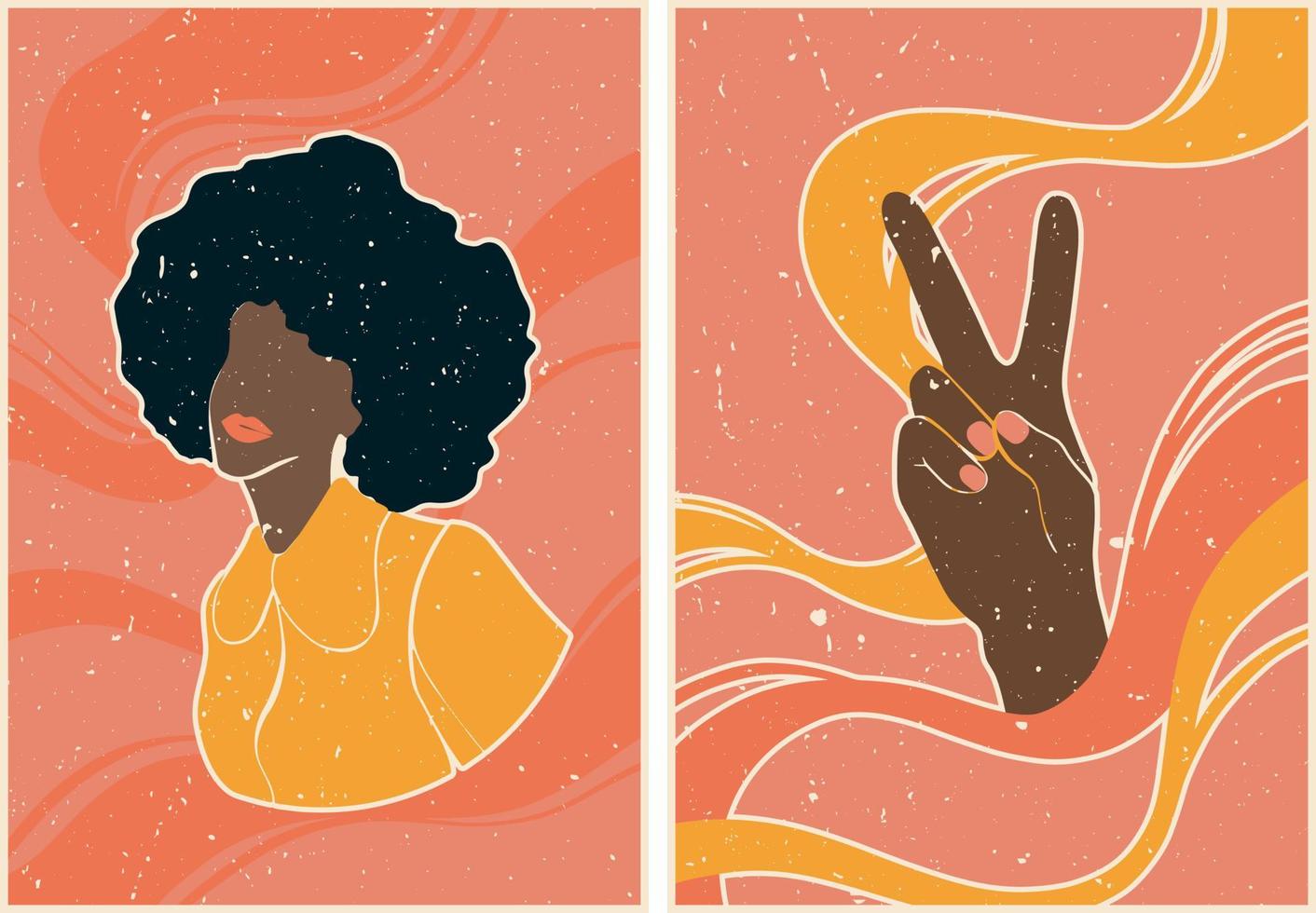 Set of posters in retro style with young frican woman and peace sign with hands. Posters on the background of abstract waves. Psychedelic wallpaper. 60s, 70s, hippies. Postcard set, poster design. vector