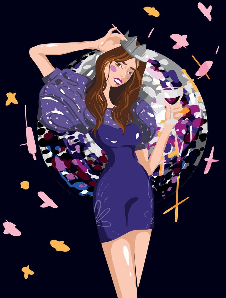 A young girl in a crown with a glass in her hand. Girl in a nightclub on the background of a disco ball. Modern vector illustration. Vector background. Holiday celebration concept. Vector drawing.
