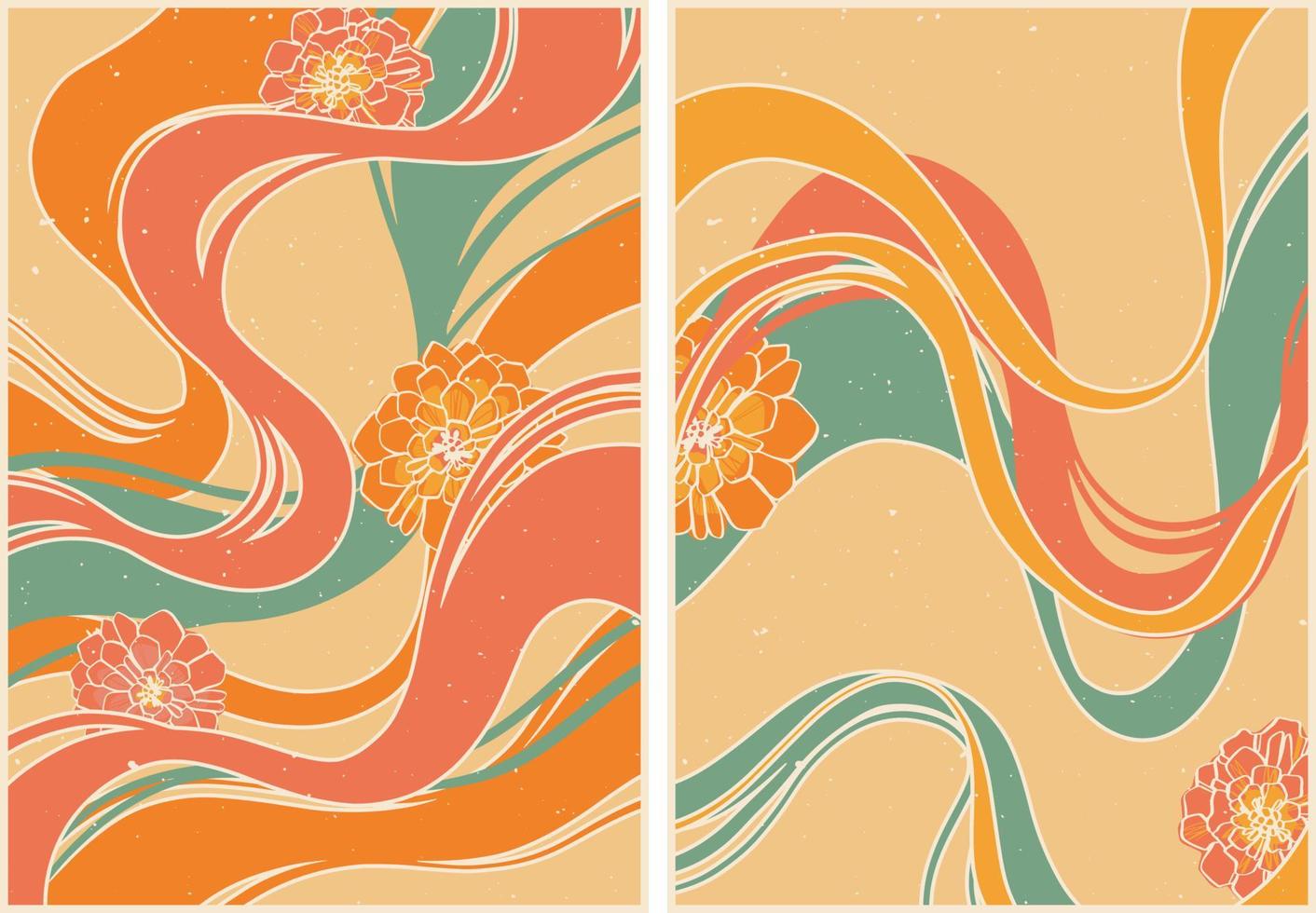 Set of abstract posters in retro style with colorful waves and flowers. Vintage retro style. Psychedelic wallpaper. Colorful vector art design. 60s, 70s, hippies. Set of postcard, poster design.