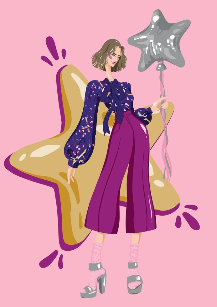 Girl on a pink background. A young girl in stylish clothes with a balloon in her hand. Fashion illustration. Celebrate the party. Holiday postcard. Vector drawing.
