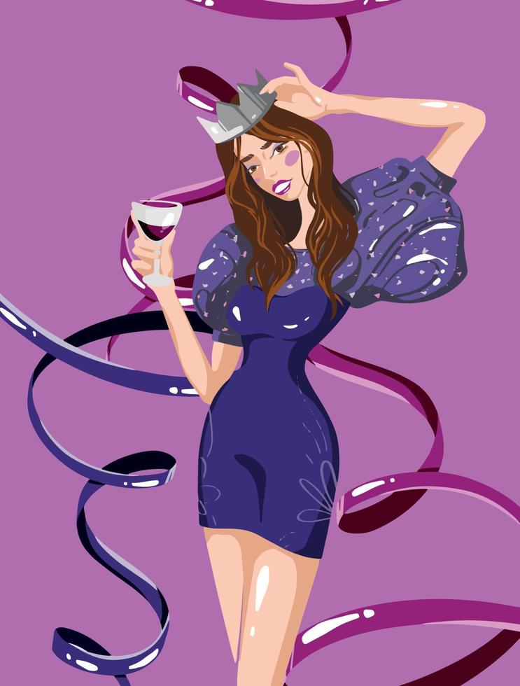 A young girl in a crown with a glass in her hand. A girl in a mini dress on a background of multi-colored ribbons. Modern vector illustration. Vector background. Holiday celebration concept.