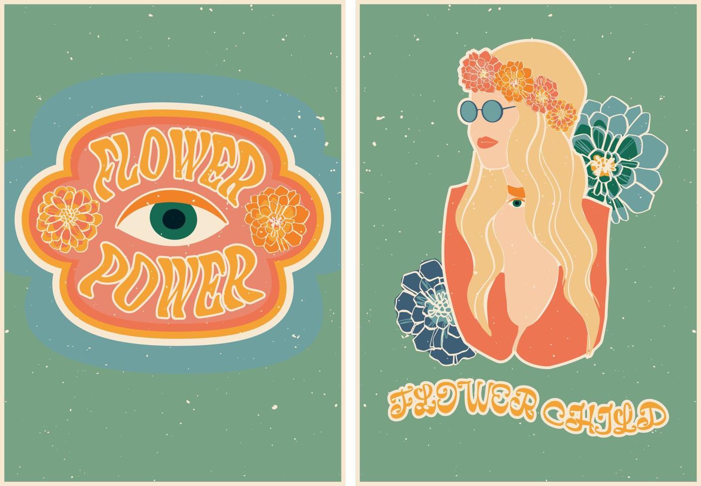 Set of posters in retro style with a hippie girl and flowers. Eye symbol in flowers. Vintage retro style. Psychedelic wallpaper. 60s, 70s, hippies. Set of postcard, poster design. vector