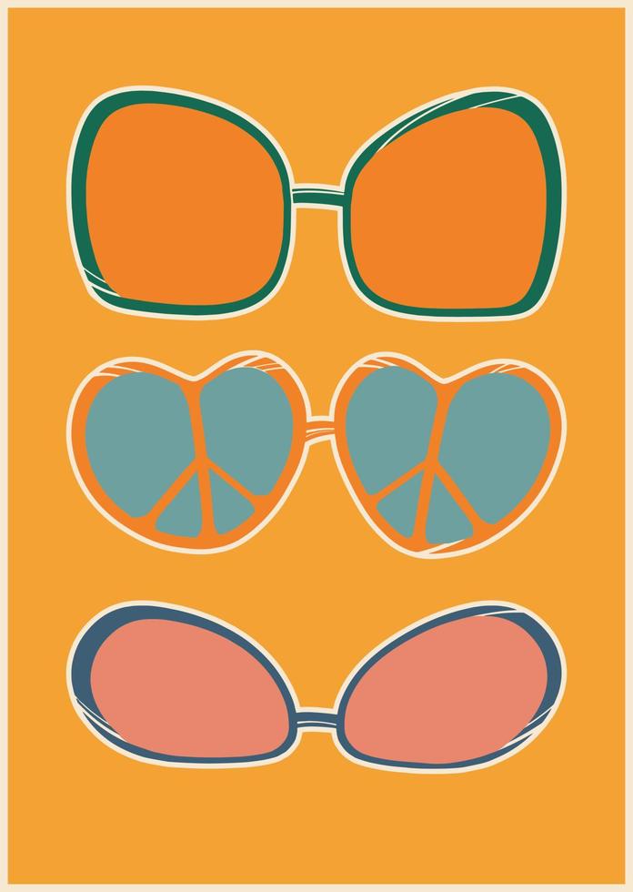 Poster in retro style with sunglasses and peace sign. Psychedelic wallpaper. Colorful vector art design. 60s, 70s, hippies. Postcard set, poster design.