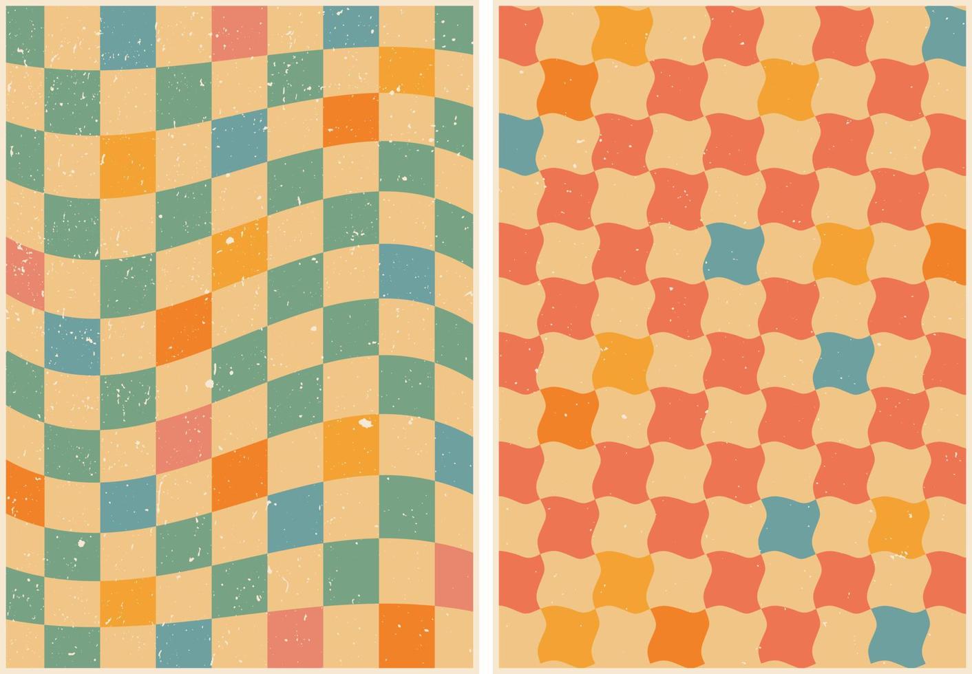 Set of posters in retro style. Abstract checkered background. Chess cage. Psychedelic wallpaper. Colorful vector art design. 60s, 70s, hippies. Postcard set, poster design.