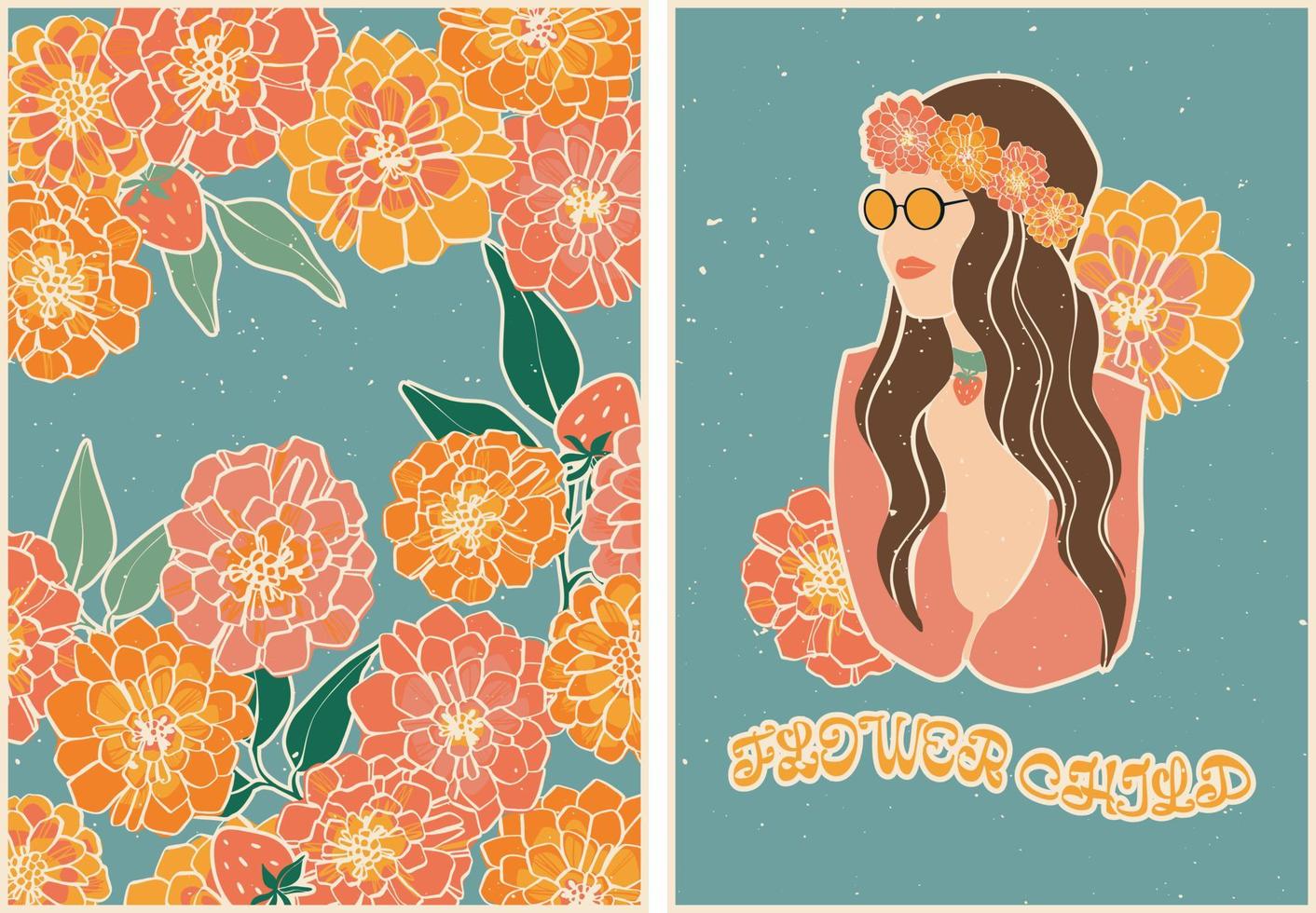 Set of posters in retro style with flowers, strawberries and a girl in a floral wreath and sunglasses. Vintage retro style. 60s, 70s, hippies. Set of postcard, poster design. vector