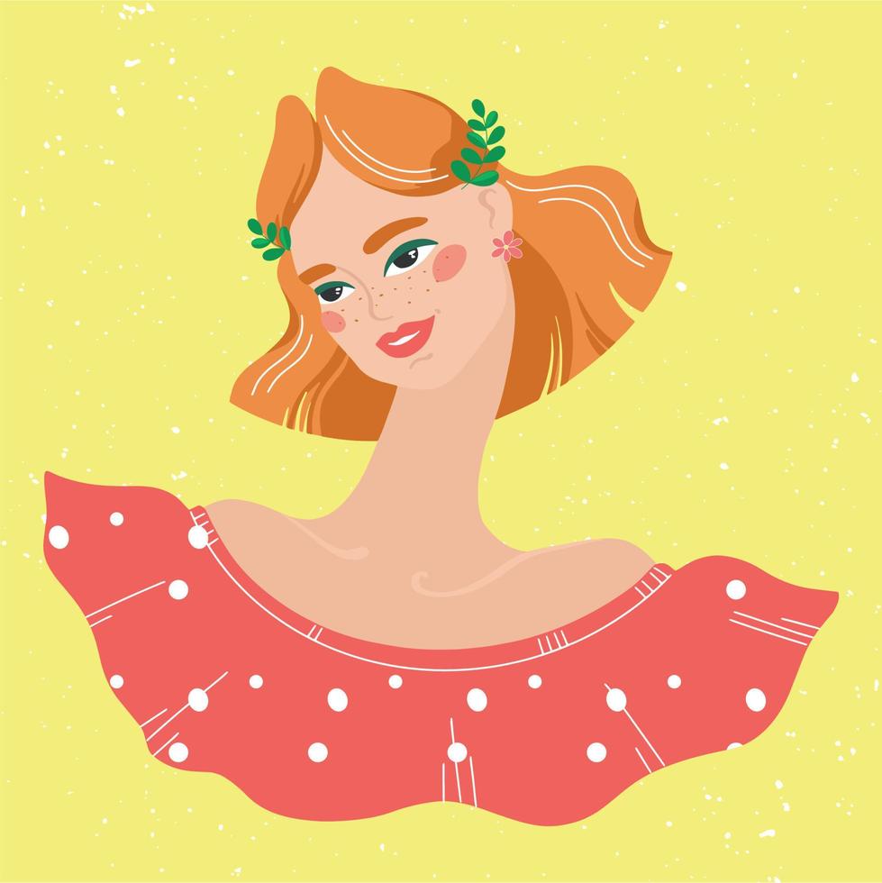 Beautiful red-haired girl in a dress with polka dots. Floral hair ornament. Avatar for social network. fashion illustration isolated on background. vector