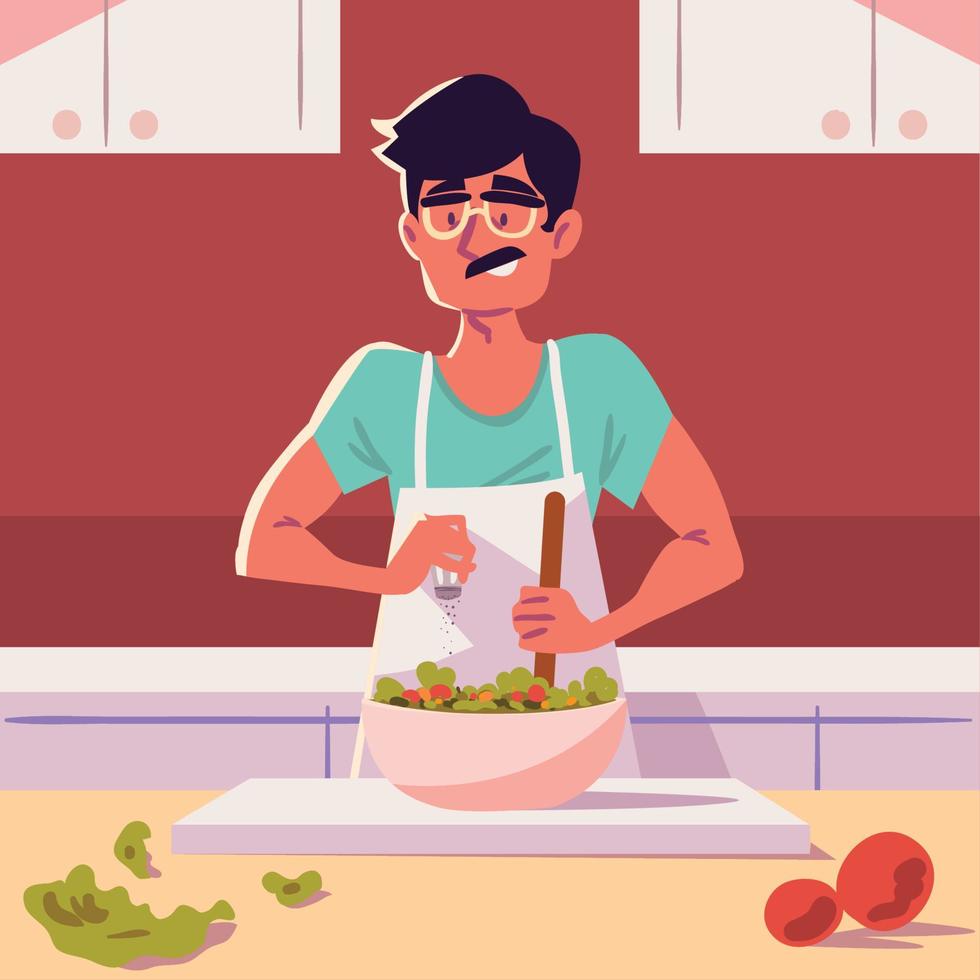 hombre haciendo ensalada cocina vector