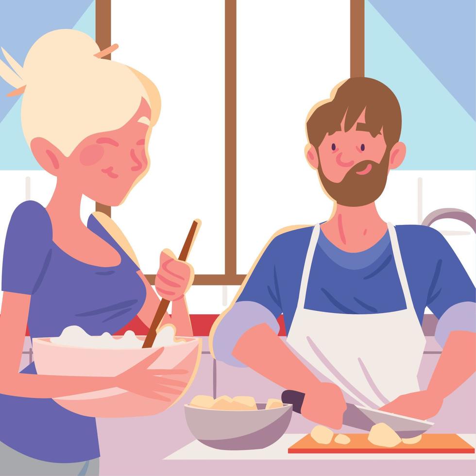 pareja cocinando en la cocina vector