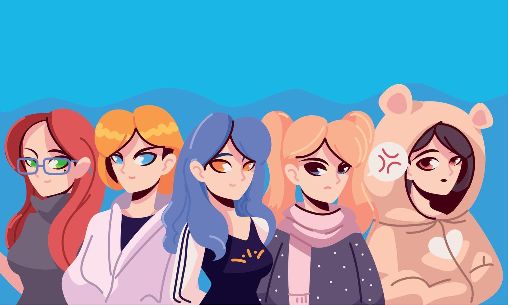 grupo de anime femenino vector