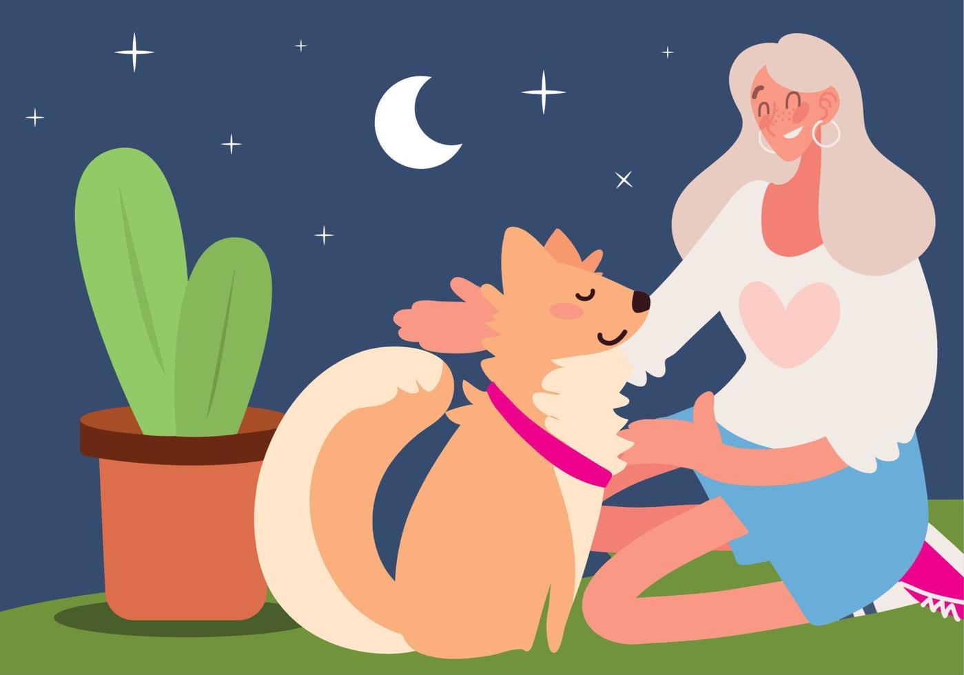 girl and dog in the night vector
