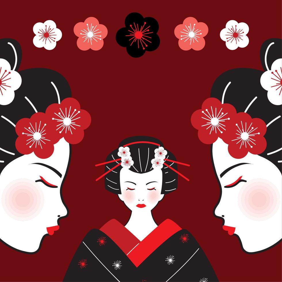 geishas and cherry flowers vector