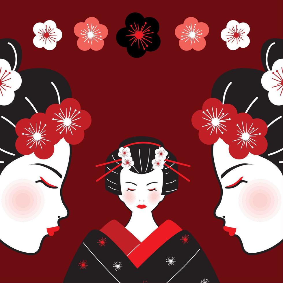 geishas and cherry flowers vector