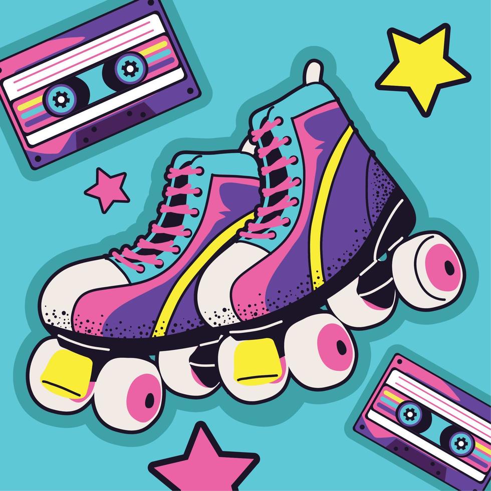 90s cassette and roller skates vector