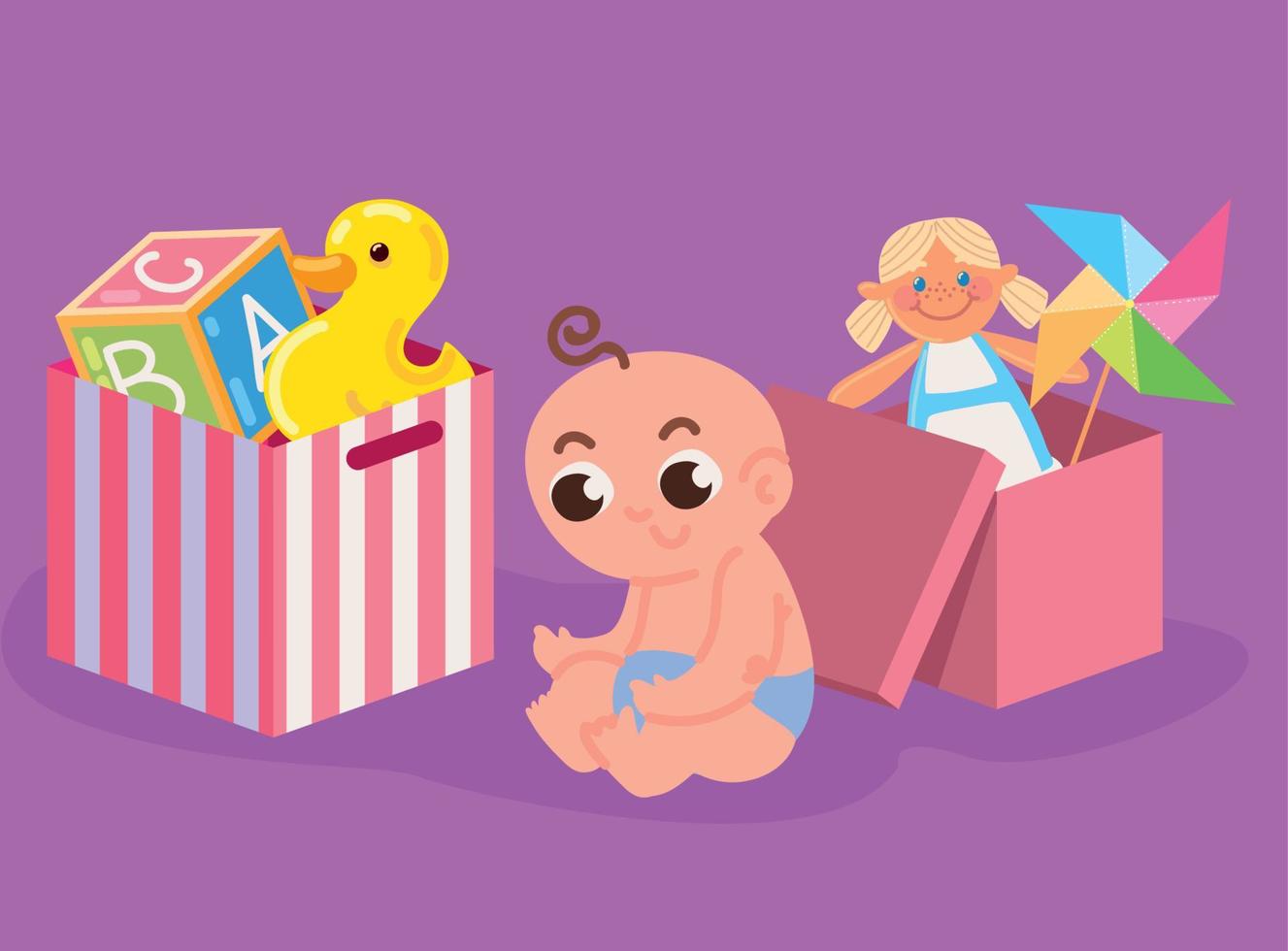 lindo bebé y caja de juguetes vector