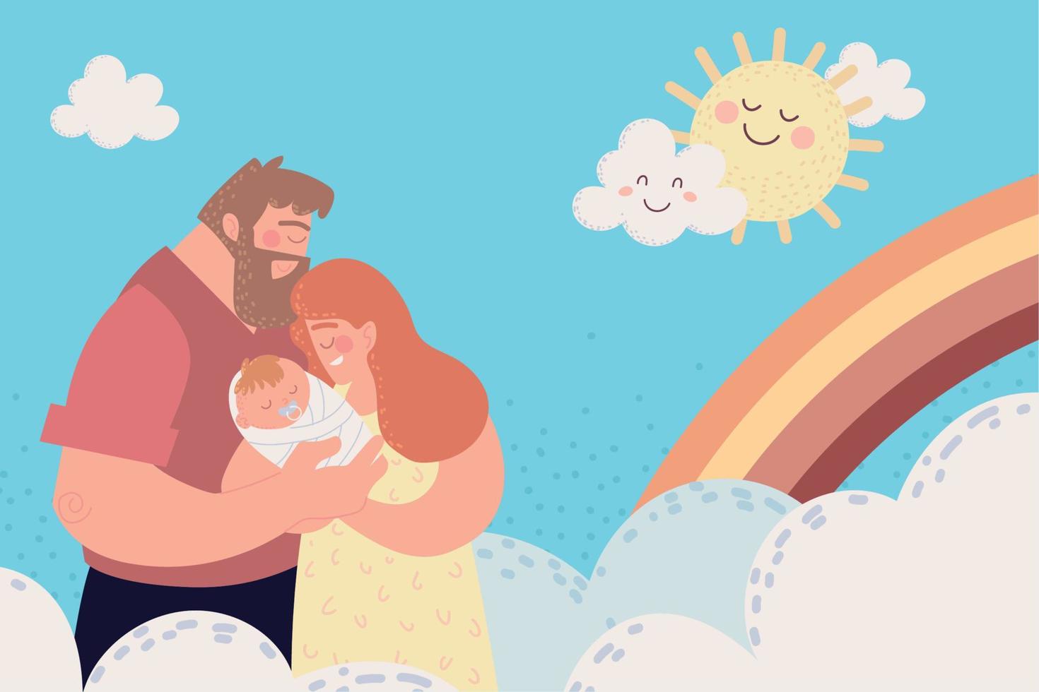 family in rainbow sky vector