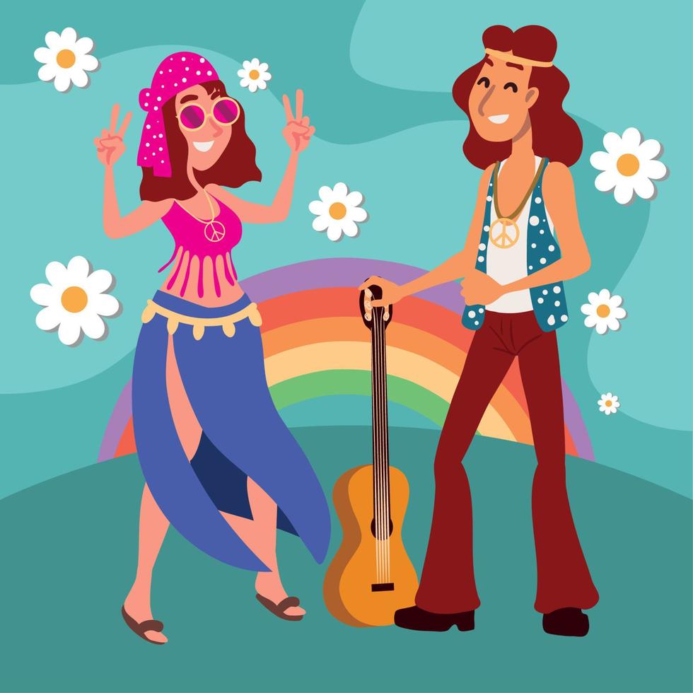 gente hippie y guitarra vector