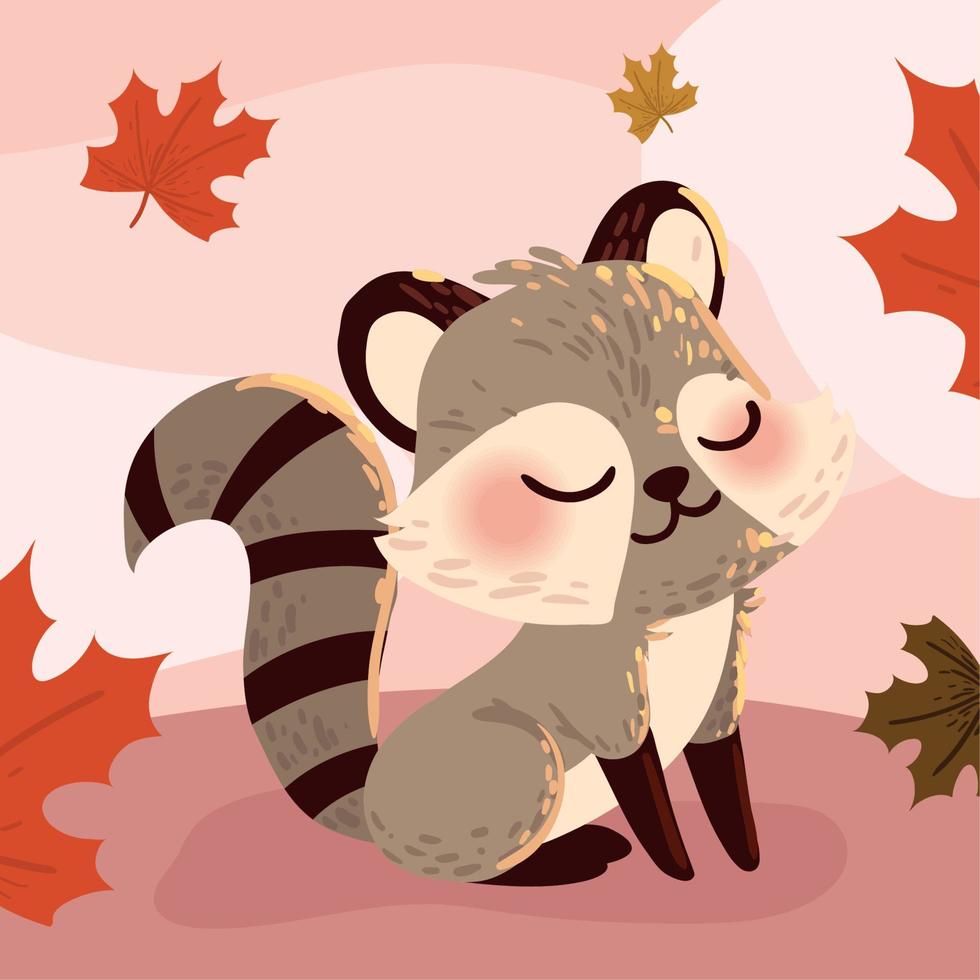 cute raccoon and autumn leaves vector