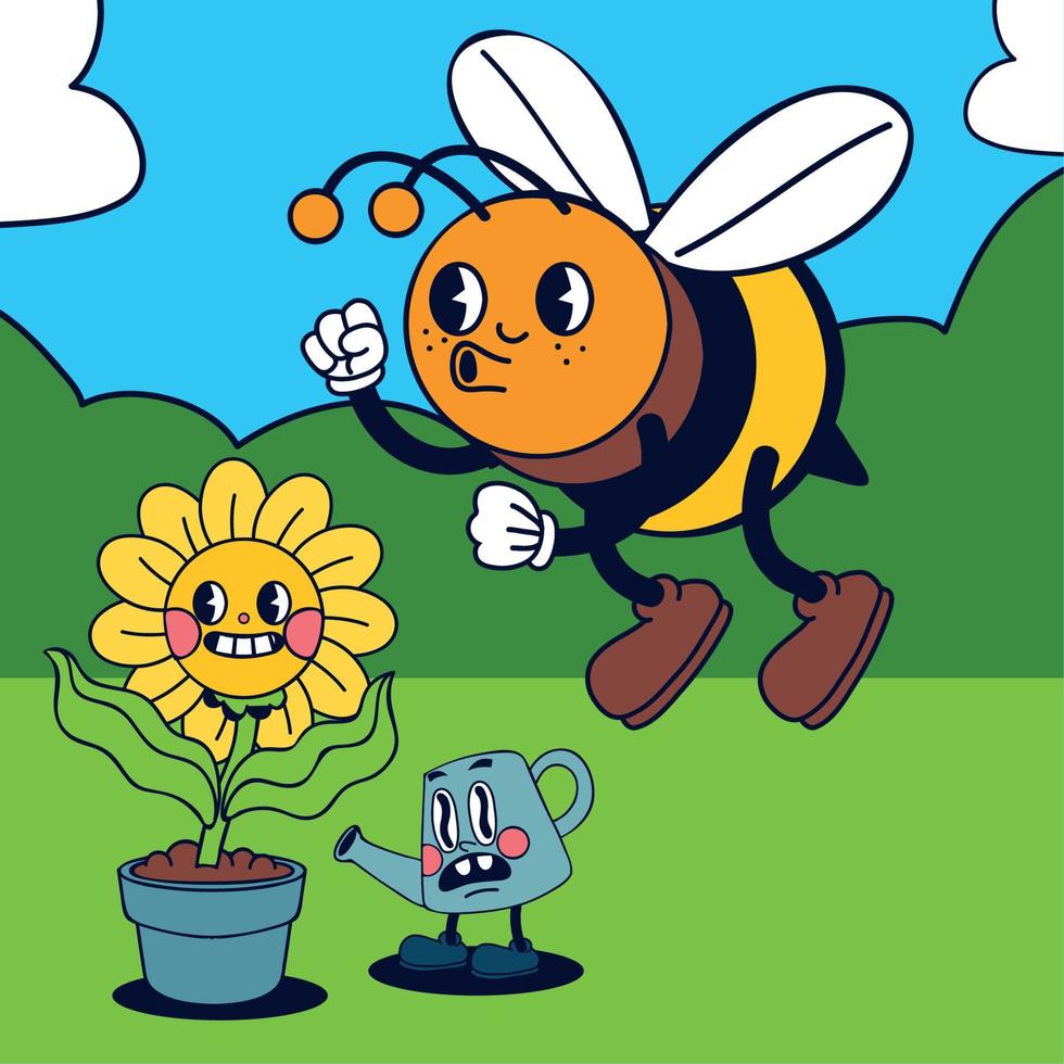 abeja y flor de dibujos animados lindo vector