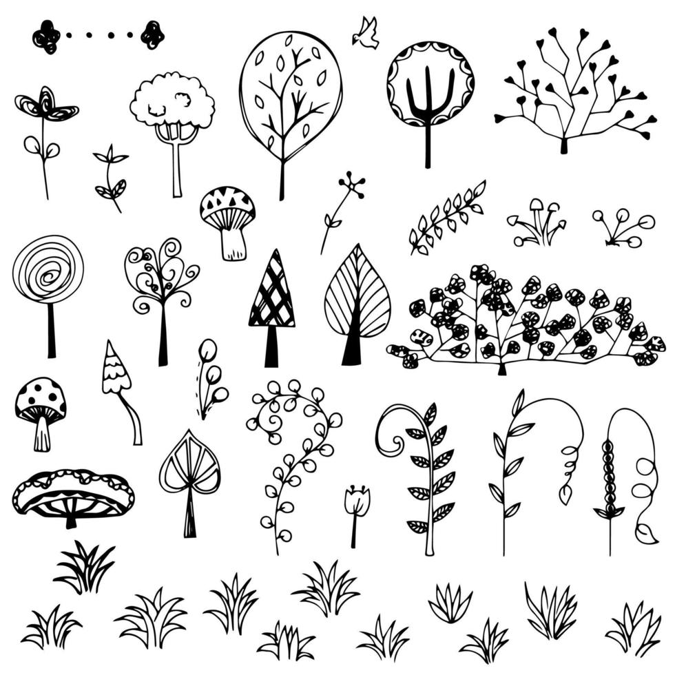 elemento de dibujo de doodle de plantas de árboles y flores vector