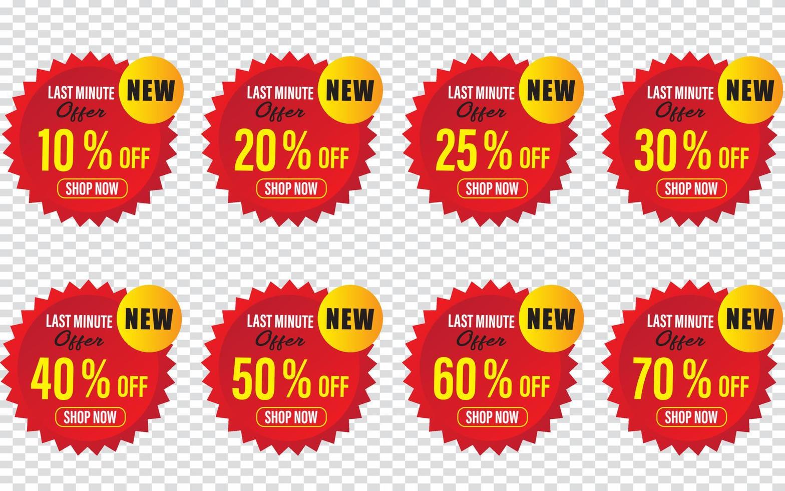 Discount last minute offer tag, 50, 20, 10, 40, 30, 60, 70, 80, 90 percent,  badge price discount number vector