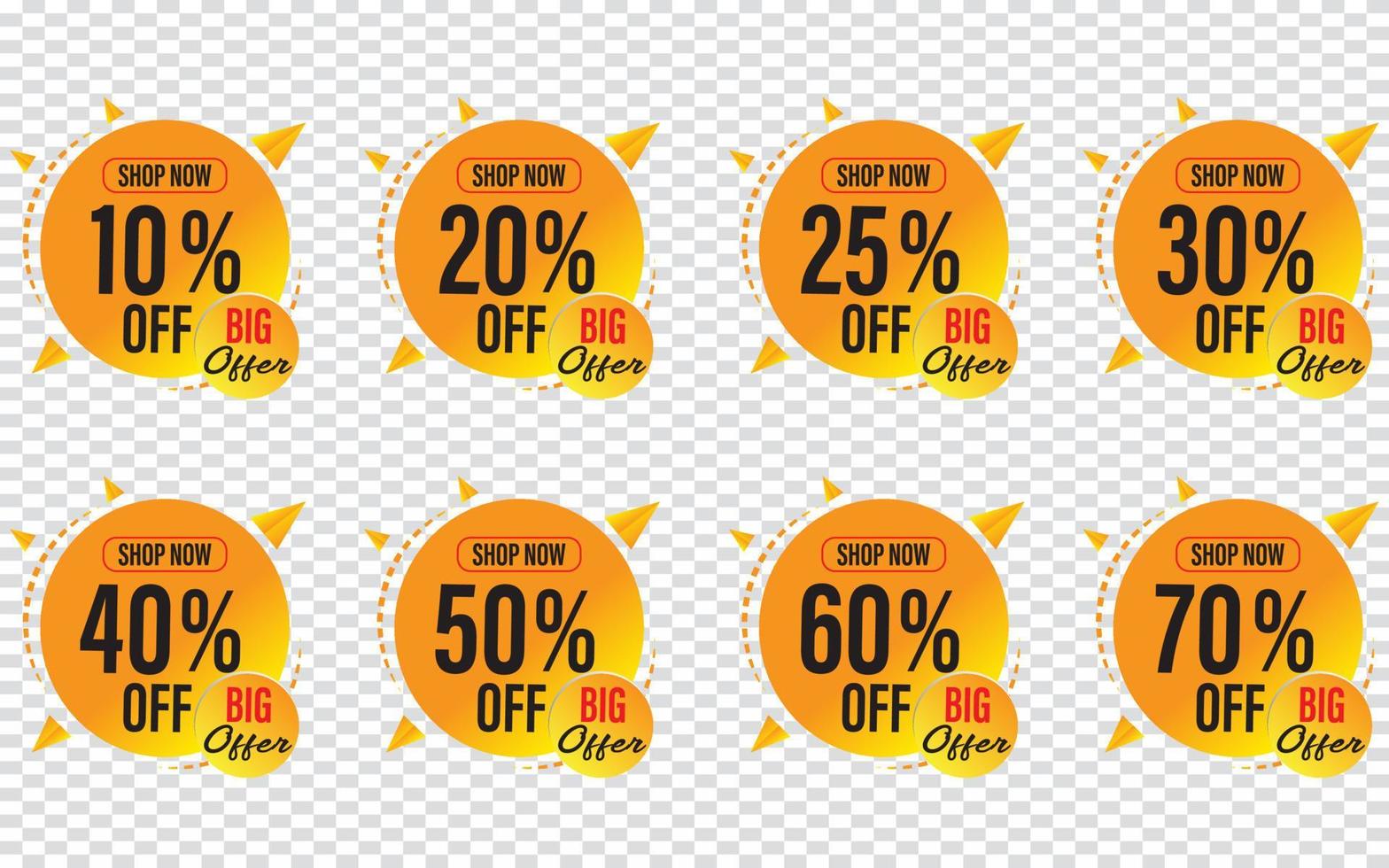 Discount coupon sale tag off label 10, 20, ,25, 30, 40, 50, 60, and 70 percent off vector