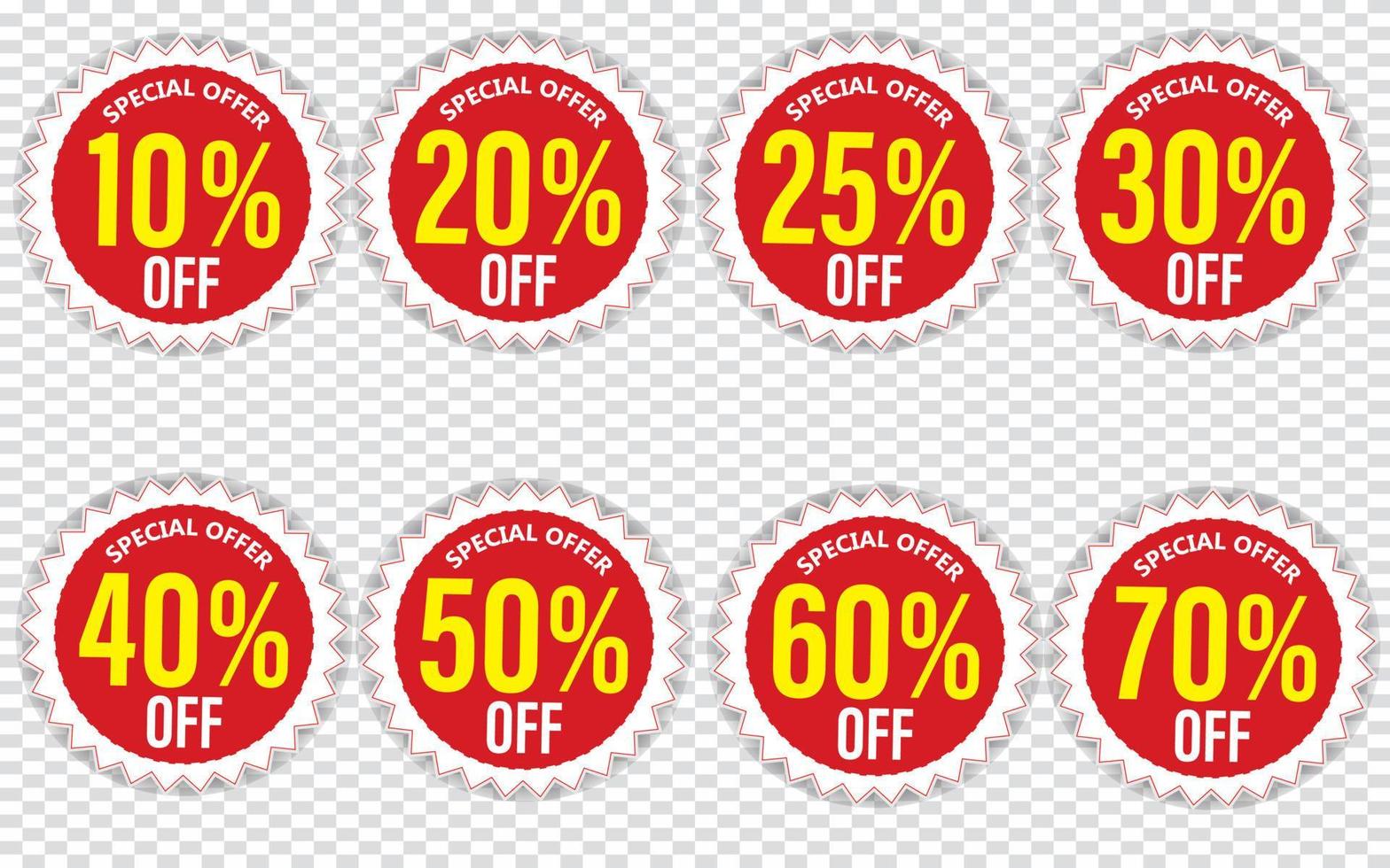 Discount stickers set for shop, retail, promotion. 10, 20, 25, 30, 40, 50, 60, 70 percentage off vector
