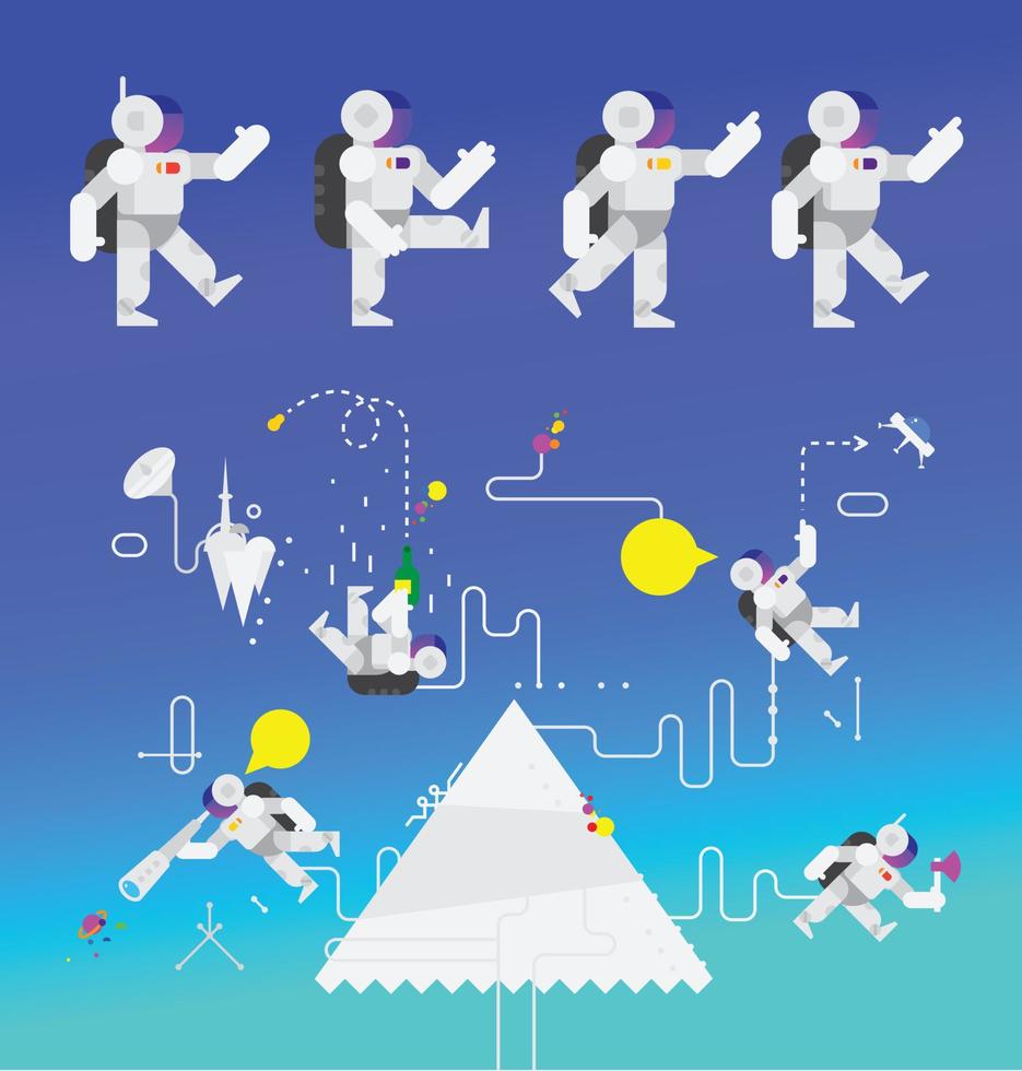 Illustration of astronauts in space. The characters of the astronauts for animation. Vector illustration. Flat style. Image for the site and print.