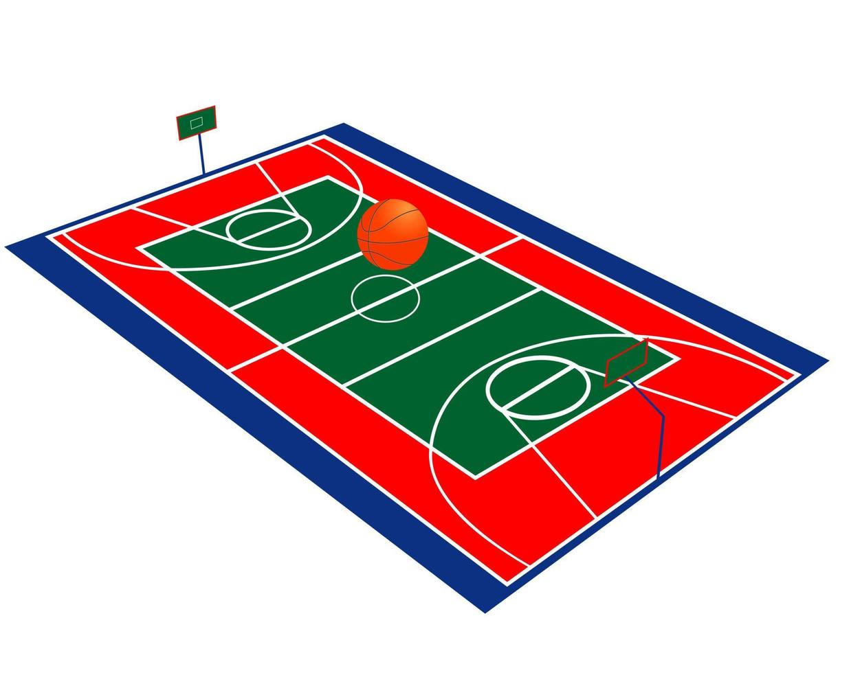 campo de baloncesto y una pelota de baloncesto en un fondo blanco vector