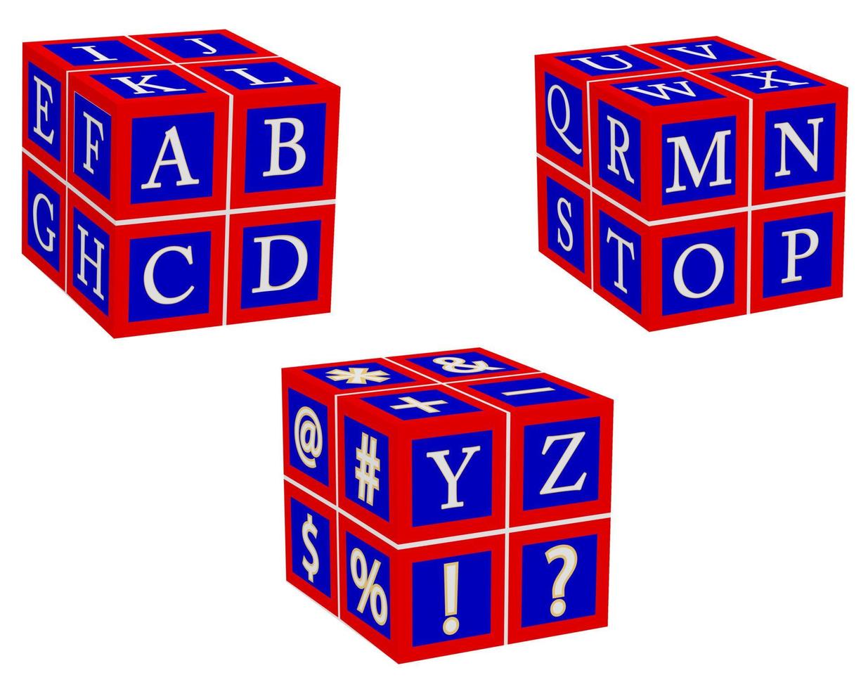 English letters in red and blue squares on a white background vector