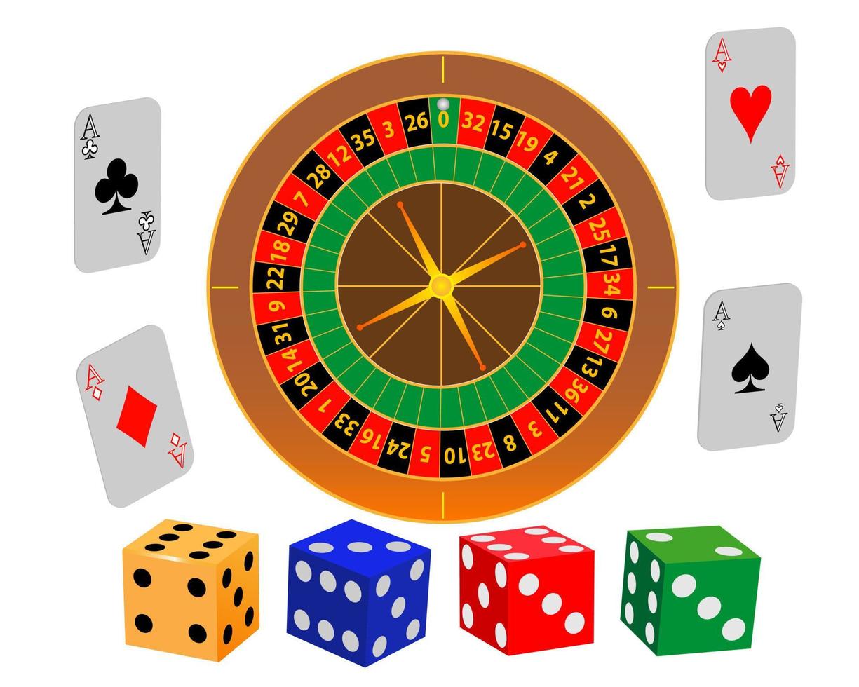 Ruleta jugar a las cartas y dados sobre un fondo blanco. vector