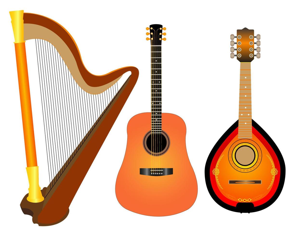 stringed instruments harp guitar Mandalina on white background vector