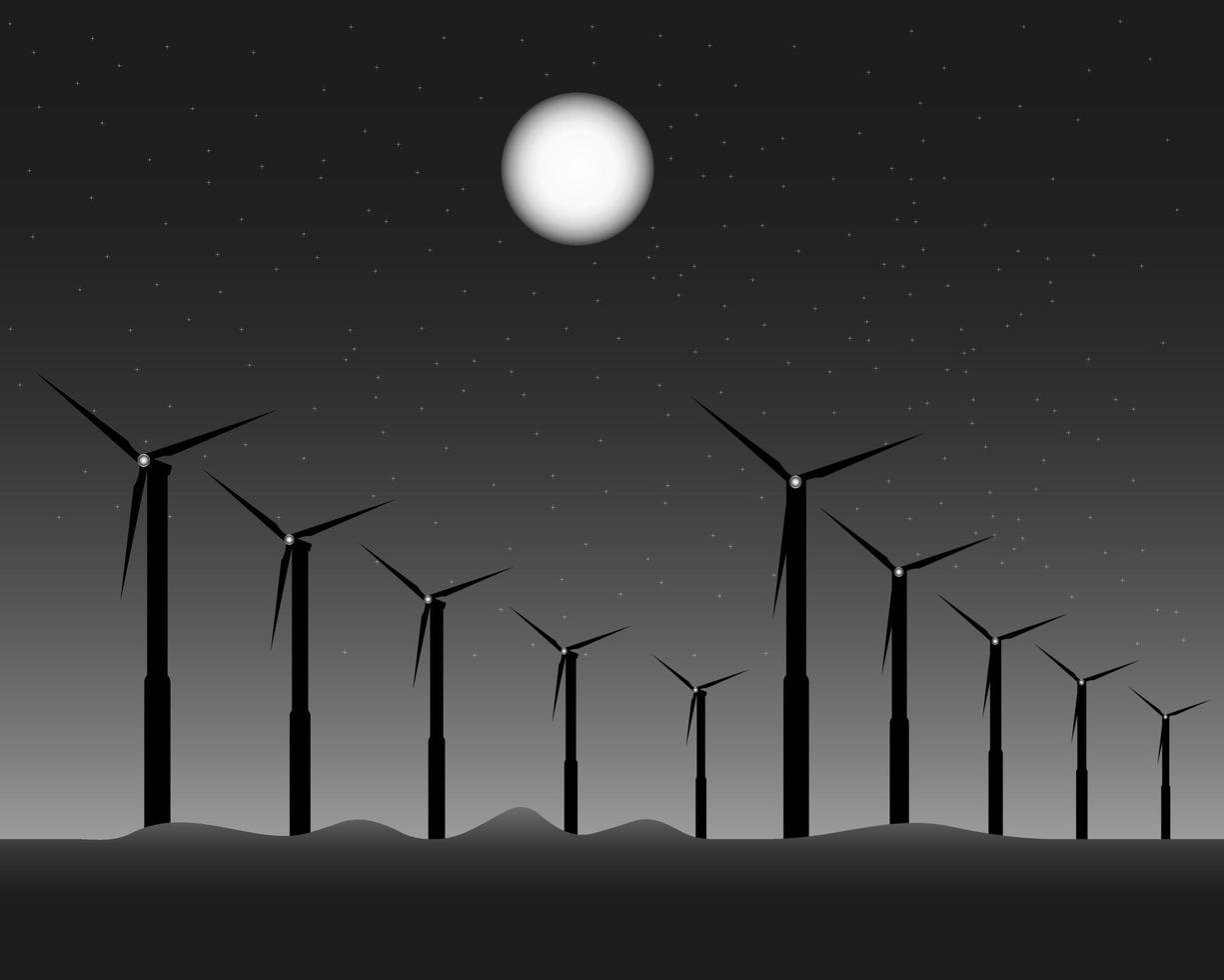 windmills for energy at night under the moon vector