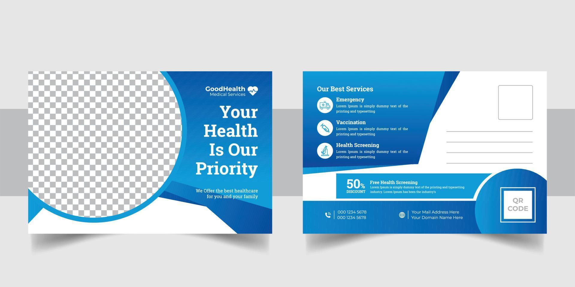 Medical health care postcard template design. Dental care, clinical postcard template. vector