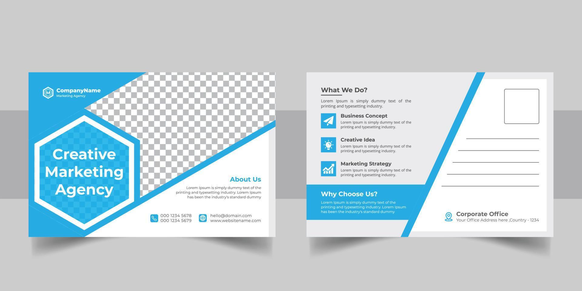 Corporate business postcard template design set with blue, yellow, red and green color. digital marketing agency postcard, business marketing postcard set, vector illustration