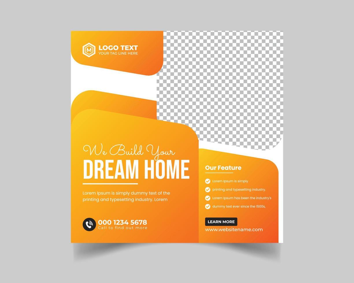 Construction renovation handyman home repair flyer and dream home social media post banner template or Square real estate flyer, vector