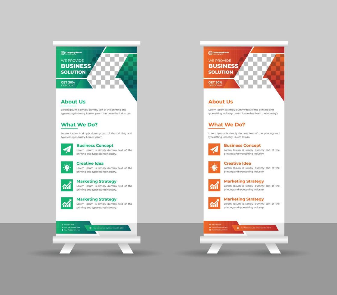 diseño de plantilla de soporte de banner enrollable de negocios, soportes portátiles modernos diseño de banner enrollable corporativo, pull up, ilustración vectorial, volante de negocios, folleto, banner corporativo vector