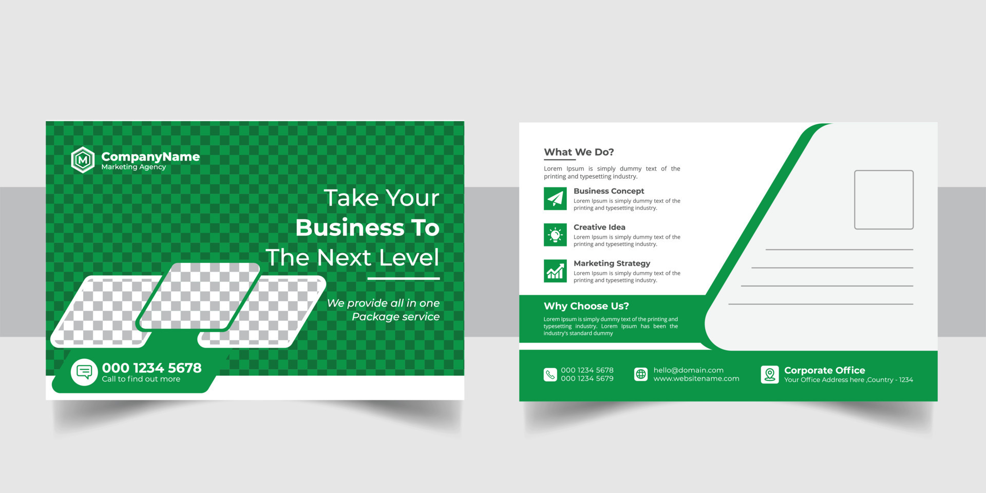Corporate business postcard template design set with blue, yellow, red and green color. digital