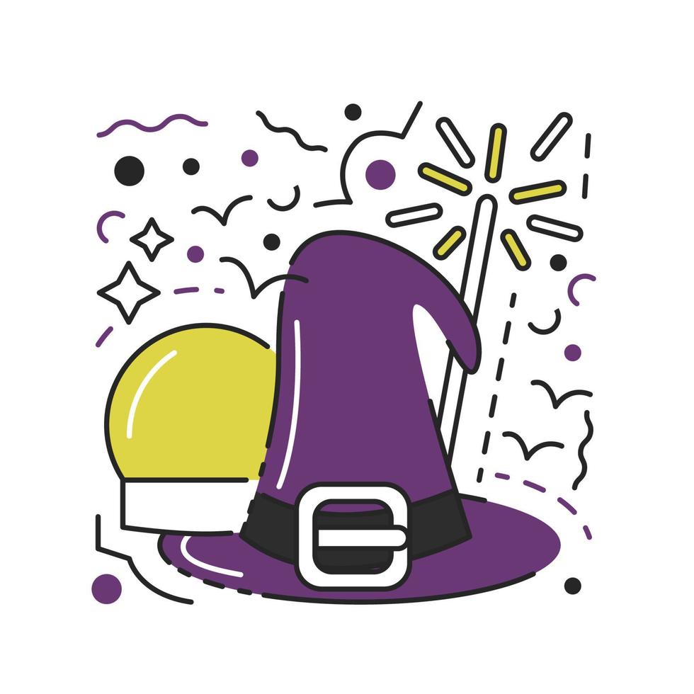 Purple witch hat with buckle isolated. Halloween traditional holiday symbols textured concept design. Fortune ball and magic wand for sorcery masquerade party. Hand drawn flat vector illustration