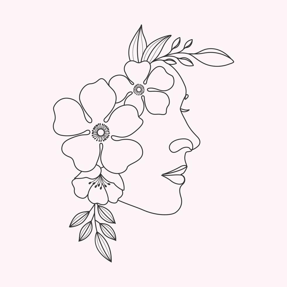 Hand drawn lined woman head with flowers illustration vector art