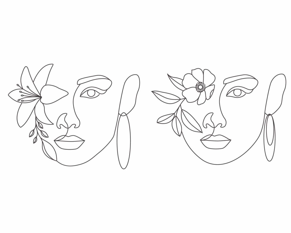 Female head with flowers line art drawing vector set