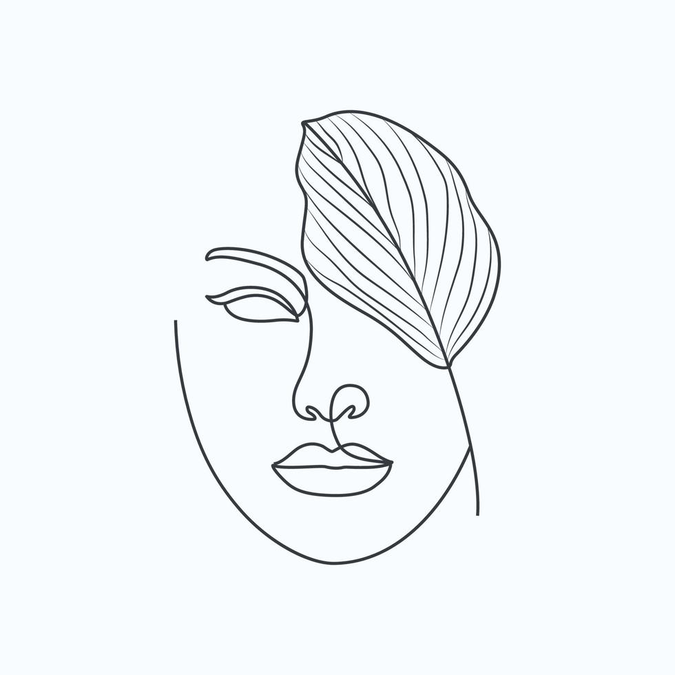 cara de mujer dibujada a mano con hojas arte de línea elegante dibujo arte vectorial vector
