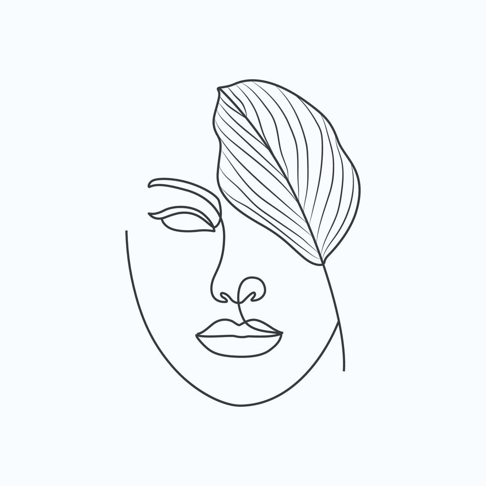 Hand drawn woman face with leaves elegant line art drawing vector art