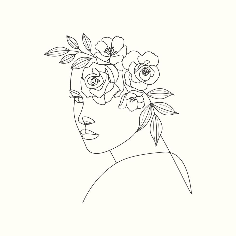 Woman head with flowers elegant line art drawing vector art